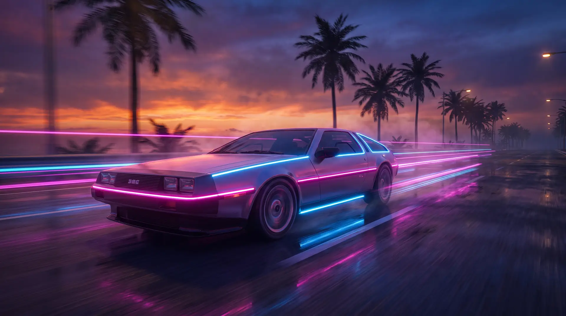 Neon supercar on a coastal highway