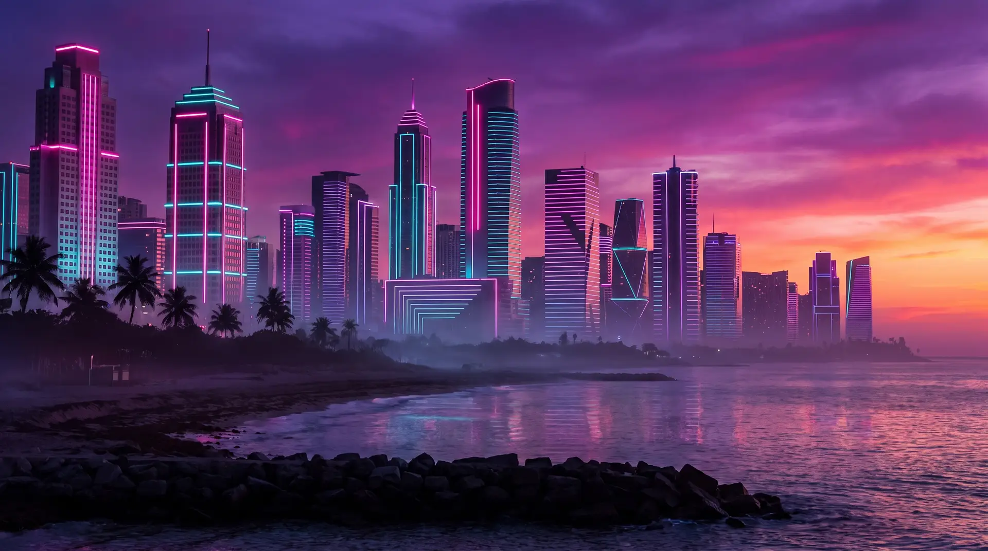 Neon coastal city at sunset