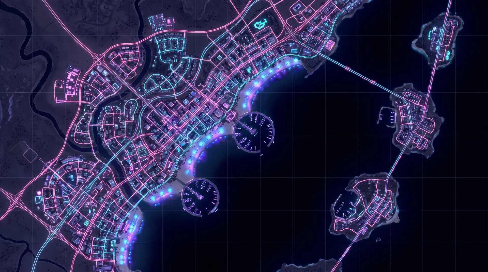 Aerial night view of the city map