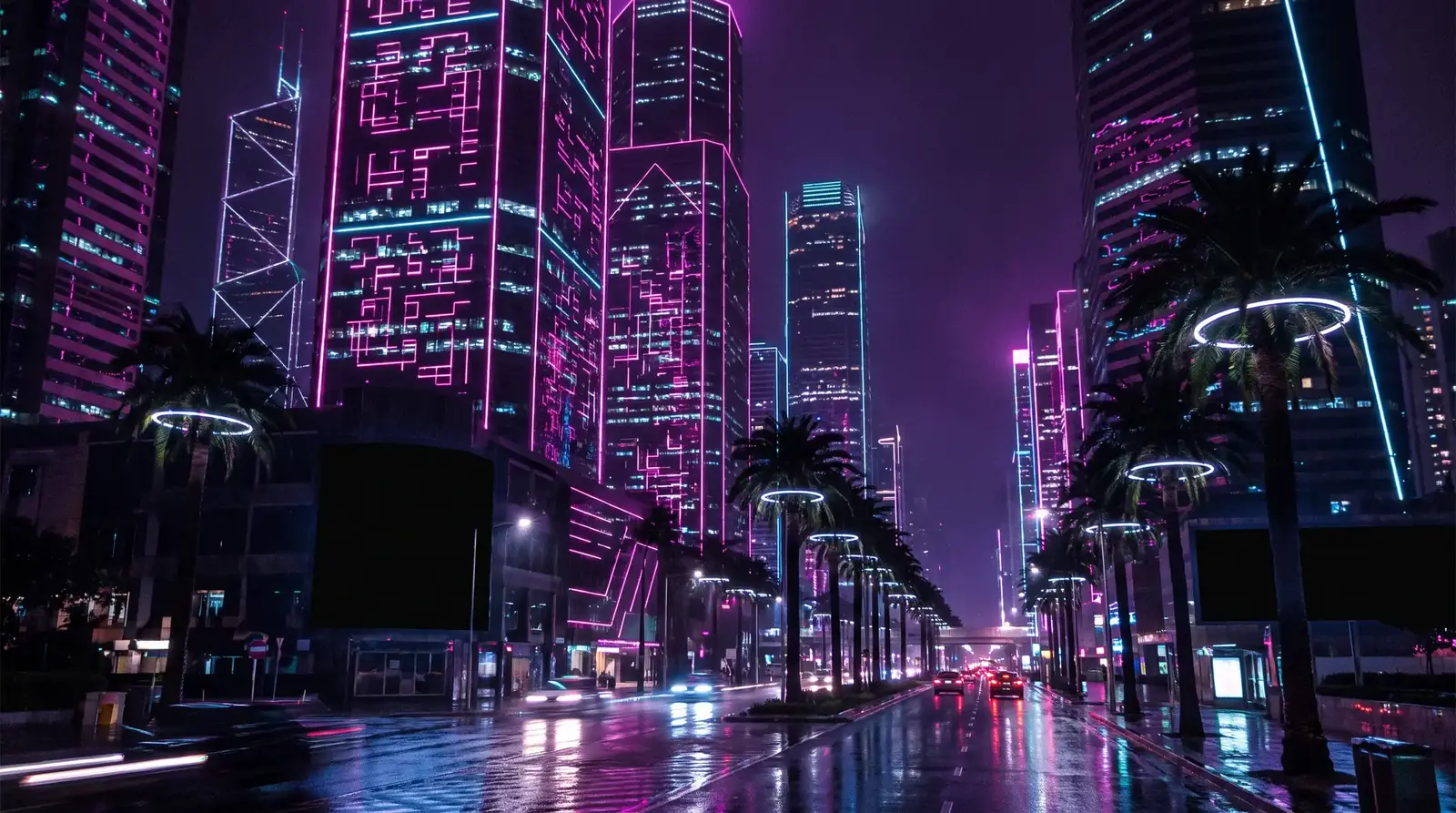 Neon downtown skyline at night